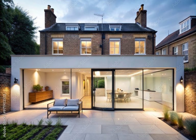 Maison moderne avec terrasse, grandes fenêtres et jardin, éclairage doux au crépuscule.