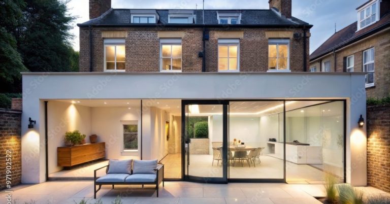 Maison moderne avec une extension en verre et un salon extérieur lumineux.