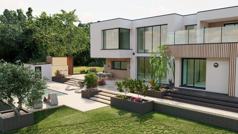 Maison moderne avec jardin, terrasse et piscine, entourée d'arbres et de verdure.