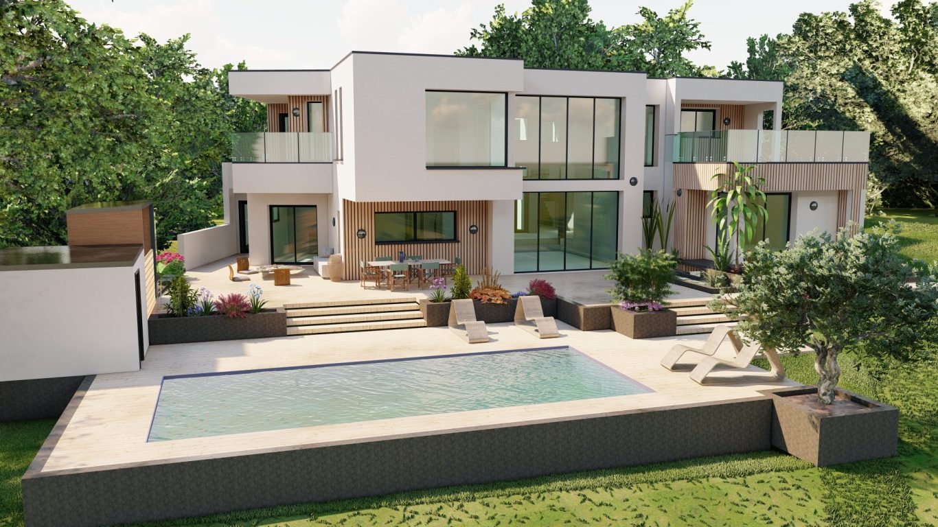 Maison moderne avec piscine, jardin, et grandes baies vitrées.