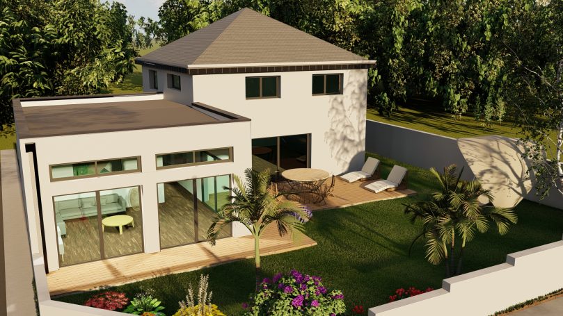 Maison moderne avec jardin et terrasse, entourée de verdure.