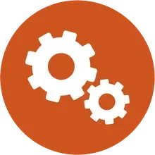 Icône représentant des engrenages de différentes tailles sur un fond orange.