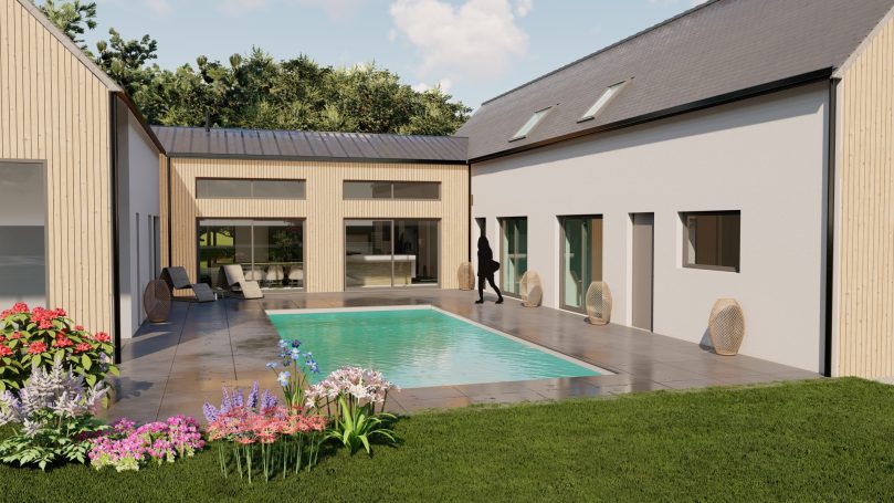 Maison moderne avec piscine, jardin fleuri et espace de vie lumineux.