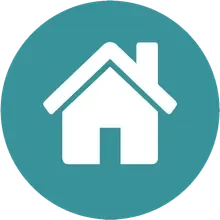 Icône de maison blanche sur fond turquoise.