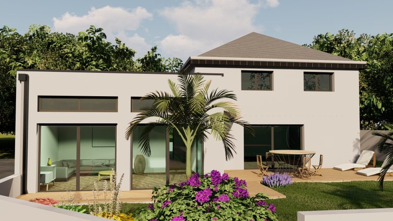 Maison moderne avec jardin, terrasse et palmier, devant un paysage verdoyant.