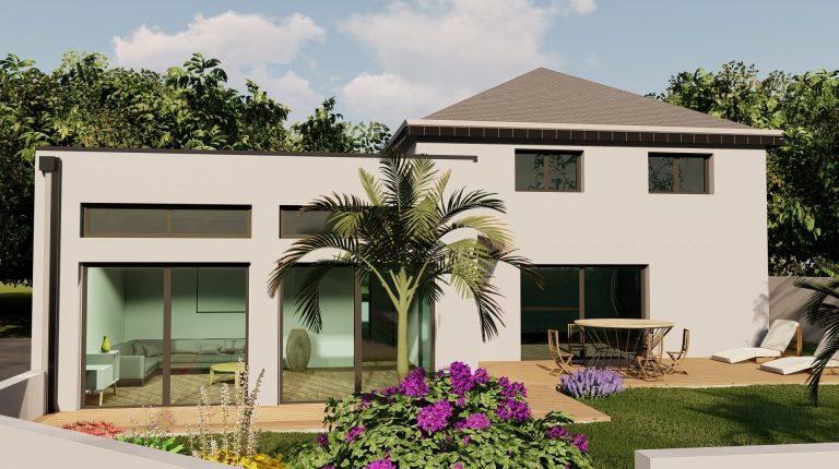 Maison moderne avec jardin, palmiers et terrasse, décorée de fleurs colorées.
