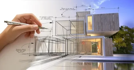 Main d'un architecte dessinant des plans pour une maison moderne et minimaliste.
