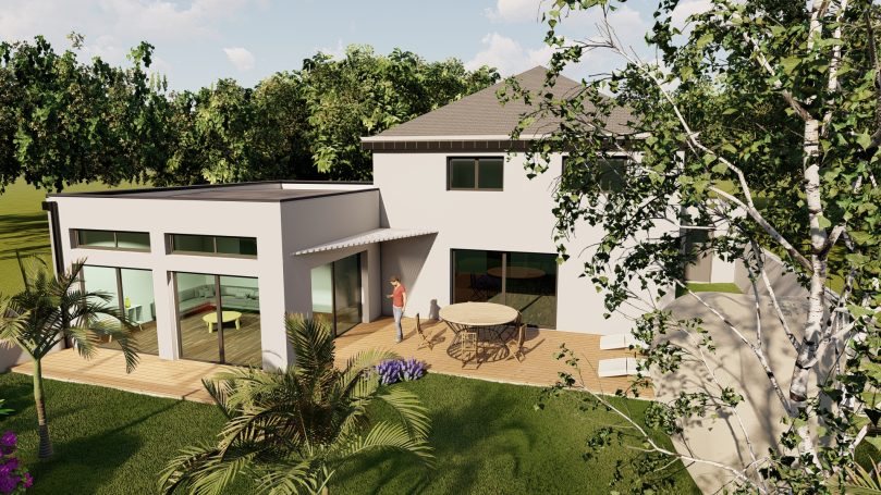 Maison moderne avec véranda, jardin et terrasse en plein air entourée d'arbres.