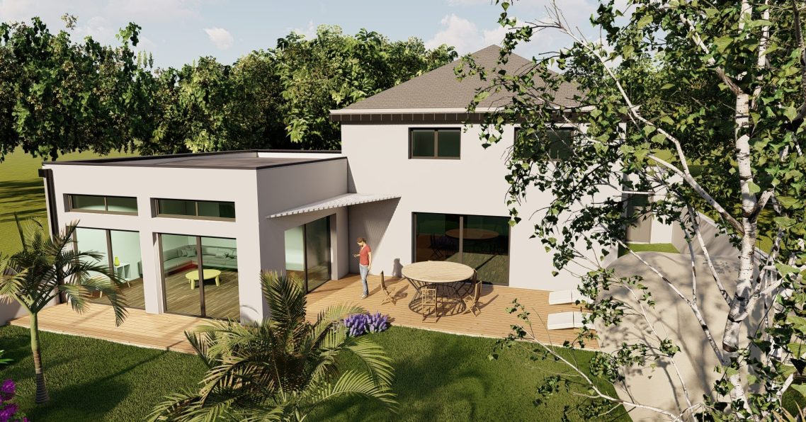 Extension Maison moderne avec un patio, jardin verdoyant et grandes fenêtres.