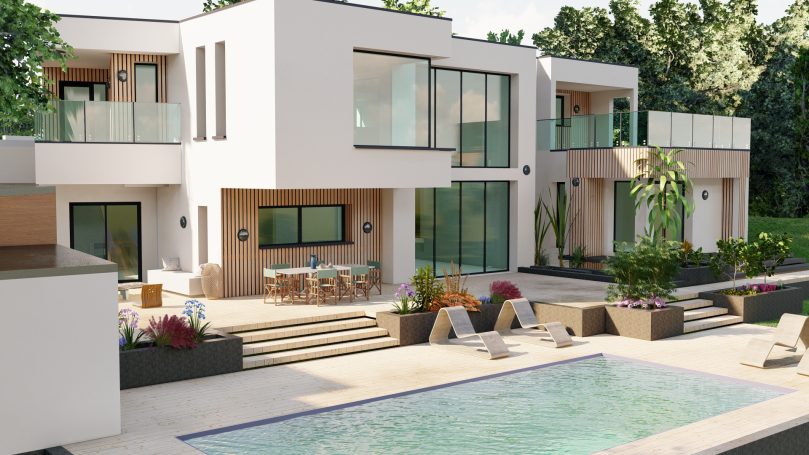 Maison moderne avec piscine, terrasse et jardin fleuri.