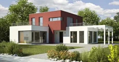 Maison moderne à deux niveaux avec façade rouge, jardin verdoyant et grandes fenêtres.