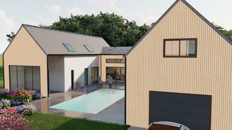 Maison moderne avec piscine, terrasse en bois et jardin verdoyant.