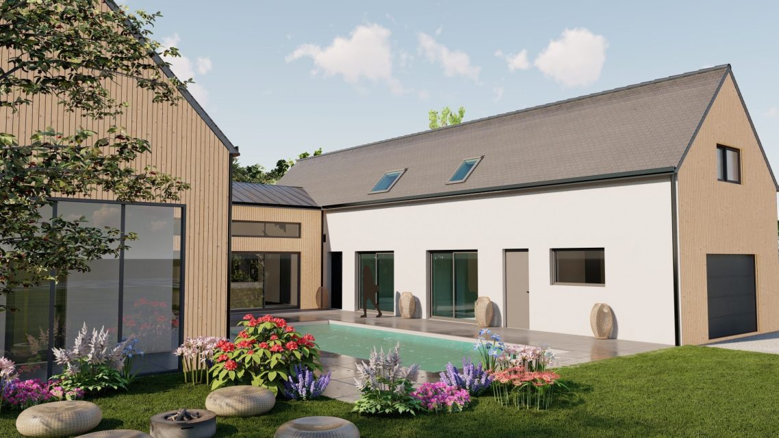 Vue d'une cuisine moderne avec une grande baie vitrée donnant sur un jardin.